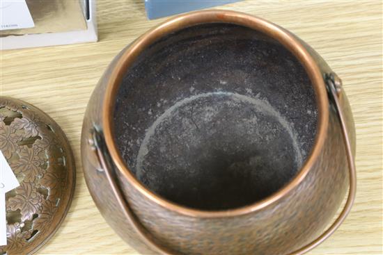 A Japanese incense burner and two items of metalware